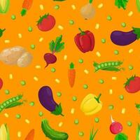 nahtlos Muster mit Gemüse auf ein Orange Hintergrund. ein einstellen von Gemüse - - Rettich, Kartoffel, Gurke, Pfeffer, Zwiebel, Erbsen, Rote Beete, Tomate, Karotte. vektor