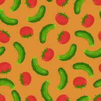 nahtlos Muster mit Grün Gurken und rot Tomaten auf ein Orange Hintergrund. Muster und Gemüse vektor