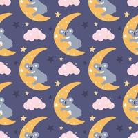 Ein süßer lustiger Koala auf dem Mond greift nach einem Stern zwischen den Wolken. Vektor nahtlose Muster auf lila Hintergrund. Tapeten, Verpackungspapierdesign, Stoffe, Kinderdruck