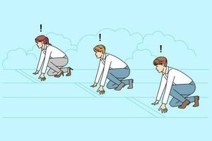 affärsmän på Start redo för konkurrens på arbetsplats. arbete kollegor löpning för Framgång och befordran. rivalitet i företag. vektor illustration.