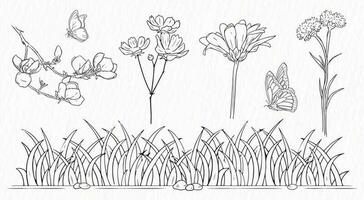 trädgård med blommor, gräs och fjäril linje teckning ClipArt vektor