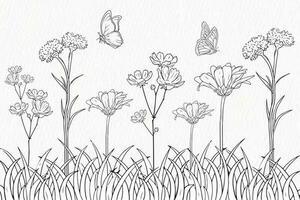 trädgård med blommor, gräs och fjäril linje teckning ClipArt vektor