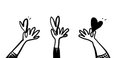 hand dragen av händer innehav en hjärta. begrepp av välgörenhet och donation. ge och dela med sig din kärlek till människor. händer gest på klotter stil. vektor illustration