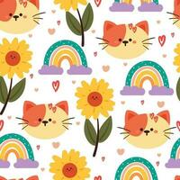 nahtlos Muster Karikatur Katze, Blume und Himmel Element. süß Tier Hintergrund zum Textil, Geschenk wickeln Papier vektor