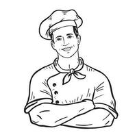 leende kock i vapen korsade utgör. Lycklig kock laga mat i hatt isolerat på vit.vektor illustration. vektor