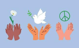 symboler av fred - en duva, en cirkel av pacifism och en blomma i de händer.vektor illustration. vektor