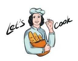 flicka kock bagare innehav en bakverk i henne händer.vektor illustration i färg.vektor illustration. vektor