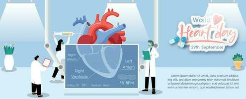 Konzept von Welt Herz Tag Poster Kampagne im Karikatur Charakter Röntgen Behandlung und Gesundheit Pflege Bewusstsein im eben Stil und Vektor Design beim 29 September.