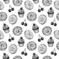 donerar, muffin och körsbär. sömlös mönster. bläck skisser på vit bakgrund. hand dragen vektor illustration. retro stil.