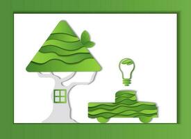 papper skära hus och elektrisk bil, grön träd löv inuti, grön hus begrepp, grön hus, eco vänlig, återvinning begrepp, rena hus. vektor