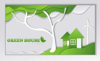 grön stad sammansättning, träd, sjö, hus, vind generator. papper skära hus, grön träd löv inuti, grön hus begrepp, eco hus, eco vänlig, återvinning begrepp, rena hus vektor