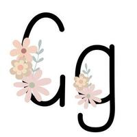 brev g av engelsk, latin alfabet versal, små bokstäver dekorerad med blommor, blommig monogram vektor illustration i enkel boho stil, platt pastell färgad dekorativ text