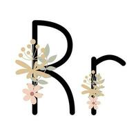 Brief r von Englisch, Latein Alphabet Großbuchstaben, Kleinbuchstaben dekoriert mit Blumen, Blumen- Monogramm Vektor Illustration im einfach Boho Stil, eben Pastell- farbig dekorativ Beschriftung