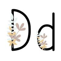 Brief d von Englisch, Latein Alphabet Großbuchstaben, Kleinbuchstaben dekoriert mit Blumen, Blumen- Monogramm Vektor Illustration im einfach Boho Stil, eben Pastell- farbig dekorativ Beschriftung