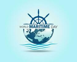 Welt maritim Tag mit Welt Karte und Schiff Rad Symbol. vektor