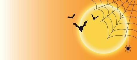 Halloween Kürbisse mit Mond auf Orange Nacht Hintergrund. Illustration können Sein benutzt zum Kinder- Urlaub Design, Karten, Einladungen, Banner. Urlaub Karte mit Jack Ö' Laternen, Fledermäuse und schwarz Spinne. vektor