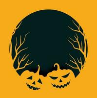 halloween pumpor med måne på orange natt bakgrund. illustration kan vara Begagnade för barns Semester design, kort, inbjudningar, banderoller. Semester kort med domkraft o' lyktor, fladdermöss och svart Spindel. vektor