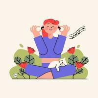 ein Frauen genießen Hör mal zu zu Musik- im Natur vektor