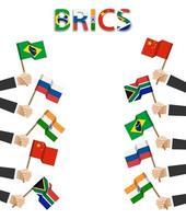 brics. verband von 5 ländern brasilien . Russland . Indien. china. Südafrika . Geschäftsmann Hand halten und Flagge an der Grenzseite des Randbildes winken. im mittleren Bereich leer. flaches Design . Vektor. vektor