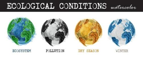 ekologiska förhållanden. realistisk akvarellmålning design. 4 tillstånd i världen är ekosystem, föroreningar, torr säsong, vinter. isolerad bakgrund. miljö och global uppvärmning koncept. vektor