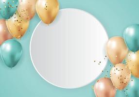 fest blank bakgrund med ballonger och konfetti och vitt tomt kort vektor