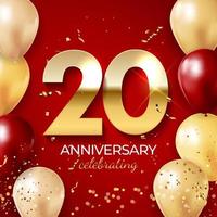 årsdag firande dekoration. gyllene nummer 20 med konfetti, ballonger, glitter och streamerband på röd bakgrund vektor