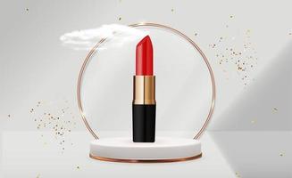 Realistischer roter Lippenstift 3d auf weißer Podiumsentwurfsschablone des Modekosmetikprodukts für Anzeigen, Flyer, Banner oder Zeitschriftenhintergrund vektor
