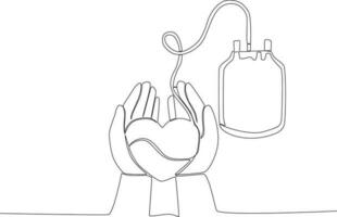 pseinzel kontinuierlich Linie Zeichnung zwei Hände halten Herz. Blut Spender Tag Konzept vektor