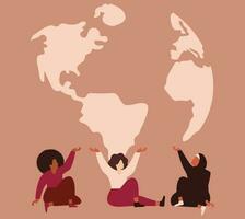 Gruppe von Frauen von anders ethnische Zugehörigkeit schützen Erde. stark Frauen halt das Planet und Unterstützung nachhaltig Lebensstil. speichern das Planet, Ökologie Bewusstsein, Erde Tag oder Frauen Ermächtigung Konzept. vektor