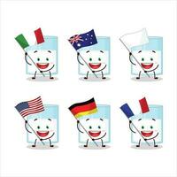 Glas von Milch Karikatur Charakter bringen das Flaggen von verschiedene Länder vektor