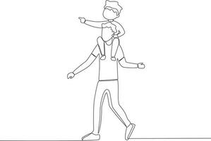 Single kontinuierlich Linie Zeichnung Vater halten Sohn auf seine Schultern während Sohn zeigen nach vorne. global Tag Elternteil Konzept vektor