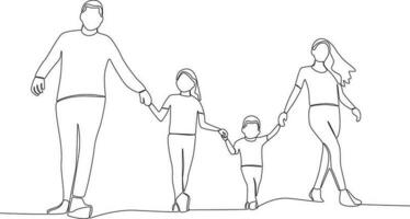 Single kontinuierlich Linie Zeichnung Kind und Eltern gehen zusammen. global Tag Elternteil Konzept vektor