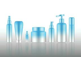 spray flaska attrapp realistisk blå kosmetisk tvål, schampo, grädde, olja dropper uppsättning för hudvård produkt bakgrund illustration. hälsa vård och medicinsk begrepp design. vektor