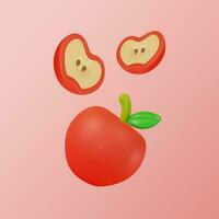 3d färsk frukt hela röd äpple och skivor begrepp flygande effekt tecknad serie stil. vektor