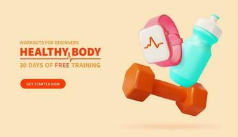 3d träningspass för nybörjare friska kropp Träning annonser baner begrepp affisch kort tecknad serie stil. vektor