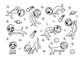 Raum Astronaut süß Hund Zeichen schwarz dünn Linie Satz. Vektor