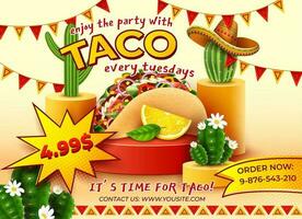 realistisch detailliert 3d Tacos Mexikaner Essen Party jeder Donnerstag Anzeigen Banner Konzept Poster Karte. Vektor