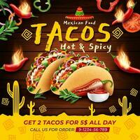 realistisk detaljerad 3d tacos mexikansk mat dag varm och kryddad annonser baner begrepp affisch kort. vektor