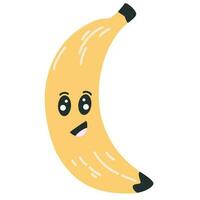 Banane Charakter Symbol mit Smiley Gesicht. Hand gezeichnet Karikatur Gekritzel im einfach naiv Stil. Vektor Abbildungen im ein Pastell- Palette zum Kinder. isolieren süß Obst auf ein Weiß Hintergrund