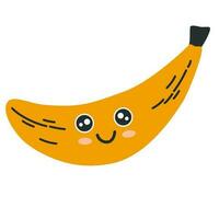 Banane Charakter Symbol mit Smiley Gesicht. Hand gezeichnet Karikatur Gekritzel im einfach naiv Stil. Vektor Karikatur Abbildungen im ein Pastell- Palette zum Kinder. isolieren süß Obst