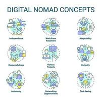 Digital Nomade Konzept Symbole Satz. Fachmann Freiberufler. Laptop Lebensstil. Generation z. Fernbedienung arbeiten. machen Geld online Idee dünn Linie Farbe Illustrationen. isoliert Symbole. editierbar Schlaganfall vektor