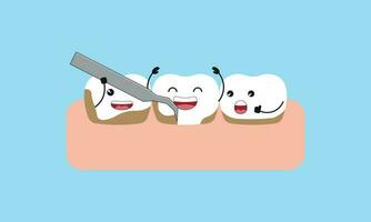 Reinigung Zahn durch entfernen Zahnstein von das Zähne Illustration Karikatur Charakter Vektor Design auf Blau Hintergrund. Dental Pflege Konzept.