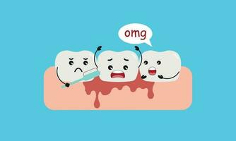 Weiß Zähne Blutung während Reinigung durch Bürsten mit Zahnbürste Illustration Karikatur Charakter Vektor Design auf Blau Hintergrund. Dental Pflege Konzept.