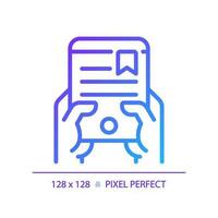 Hand mit ebook Pixel perfekt Gradient linear Vektor Symbol. lesen über elektronisch Gerät. Zugriff zu Digital Bibliothek. dünn Linie Farbe Symbol. modern Stil Piktogramm. Vektor isoliert Gliederung Zeichnung