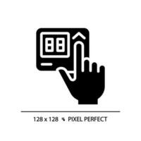 Hand mit Thermostat Pixel perfekt schwarz Glyphe Symbol. einstellen Temperatur auf Steuerung Tafel. Zuhause Gerät. Silhouette Symbol auf Weiß Raum. solide Piktogramm. Vektor isoliert Illustration