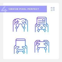 Hände mit lustig Gadgets Pixel perfekt Gradient linear Vektor Symbole Satz. Digital Geräte zum Unterhaltung. dünn Linie Kontur Symbol Designs bündeln. isoliert Gliederung Abbildungen Sammlung