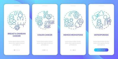 erblich chronisch Krankheiten Blau Gradient Onboarding Handy, Mobiltelefon App Bildschirm. Komplettlösung 4 Schritte Grafik Anleitung mit linear Konzepte. ui, ux, gui Vorlage vektor