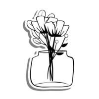 schwarz Linie Gekritzel Blumen im ein Krug auf Weiß Silhouette und grau Schatten. Hand gezeichnet Karikatur Stil. Vektor Illustration zum schmücken und irgendein Design.