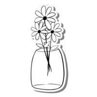 svart linje klotter tre daisy i glas burk på vit silhuett och grå skugga. hand dragen tecknad serie stil. vektor illustration för dekorera och några design.