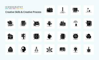 25 kreativ Kompetenzen und kreativ Prozess solide Glyphe Symbol Pack vektor